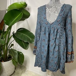 Long Sleeve Blue Boho Dress